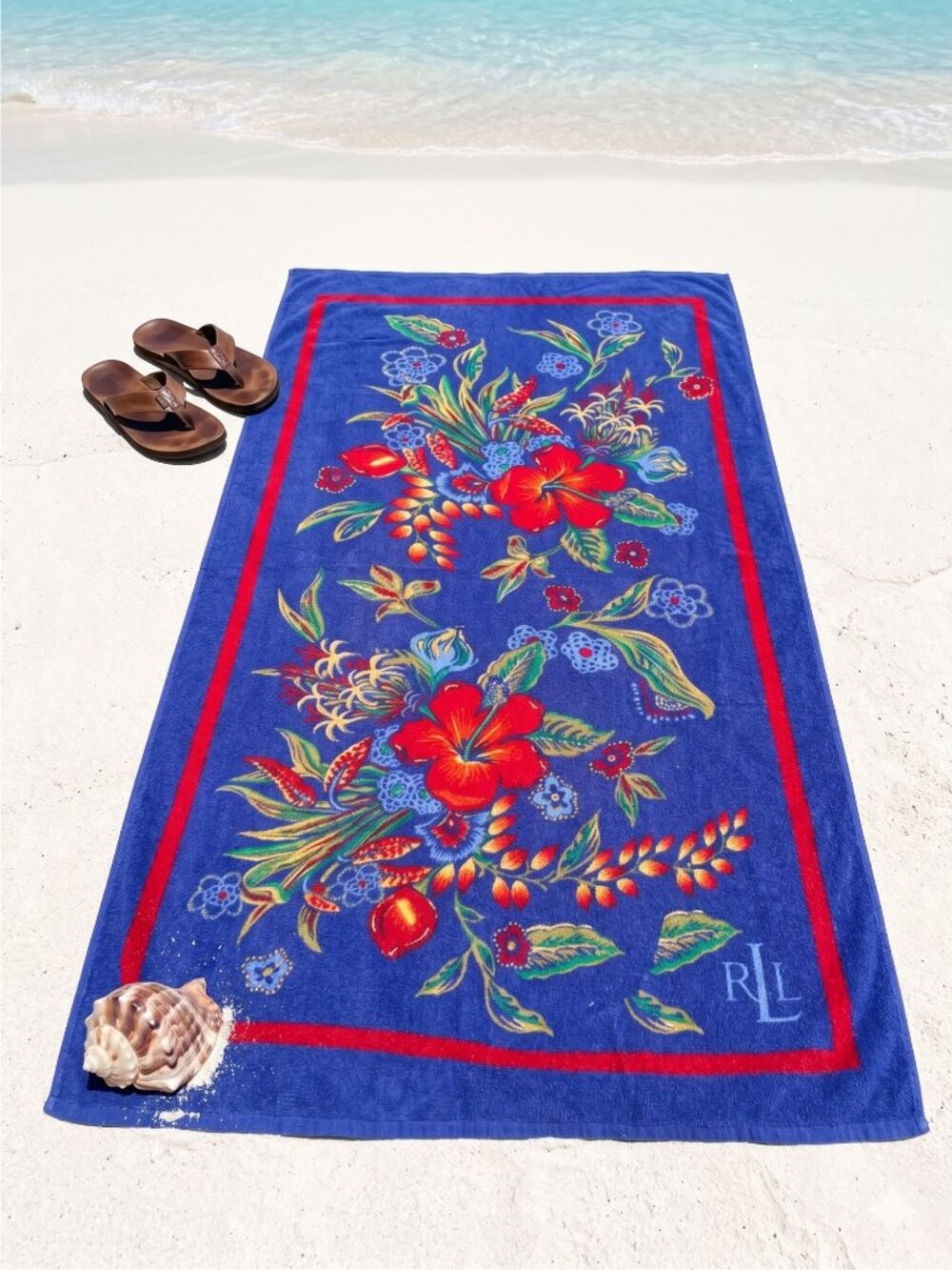 Vintage 90s Ralph Lauren Beach Towel Blue Red Hibiscus Floral RLL Logo Cotton La